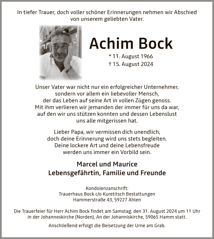  Traueranzeige für Achim Bock vom 24.08.2024 aus WA