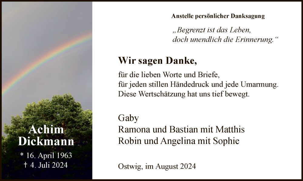  Traueranzeige für Achim Dickmann vom 17.08.2024 aus WA