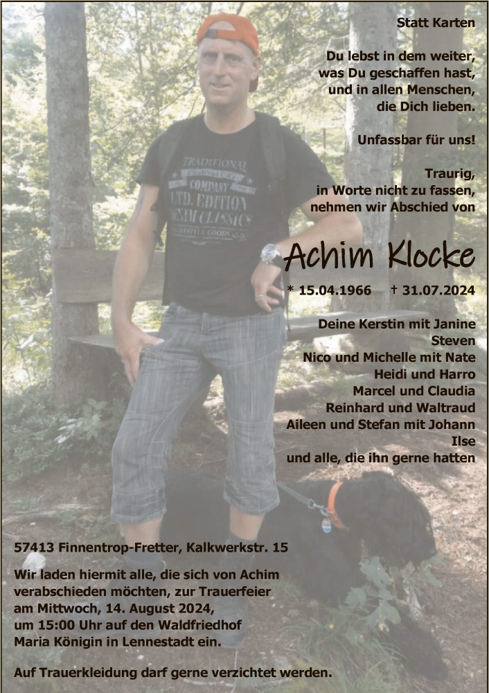  Traueranzeige für Achim Kloke vom 10.08.2024 aus WA