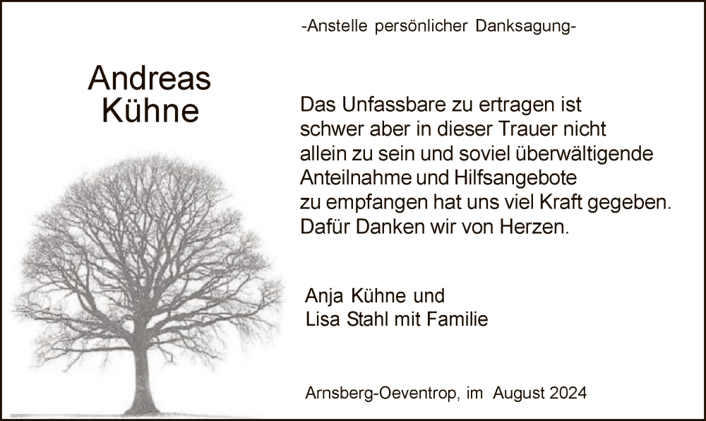  Traueranzeige für Andreas Kühne vom 03.08.2024 aus WA