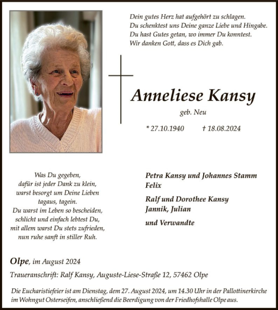 Traueranzeige von Anneliese Kansy von WA