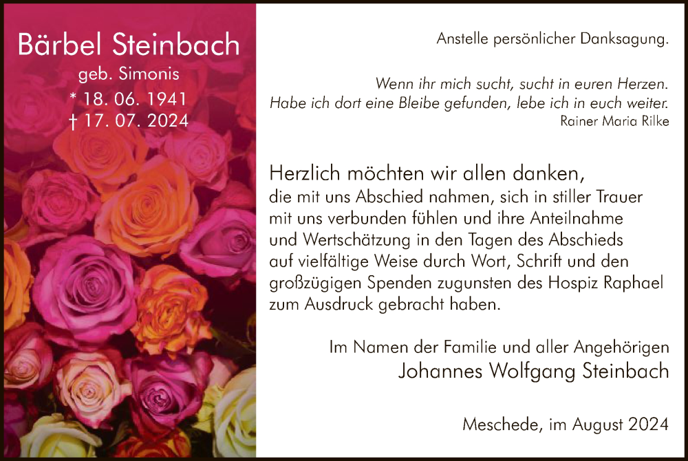  Traueranzeige für Bärbel Steinbach vom 24.08.2024 aus WA