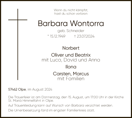 Traueranzeige von Barbara Wontorra von WA