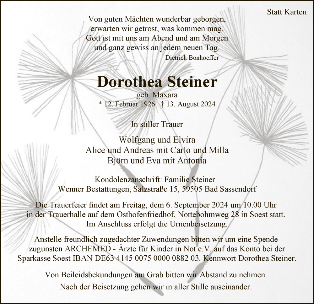  Traueranzeige für Dorothea Steiner vom 24.08.2024 aus WA