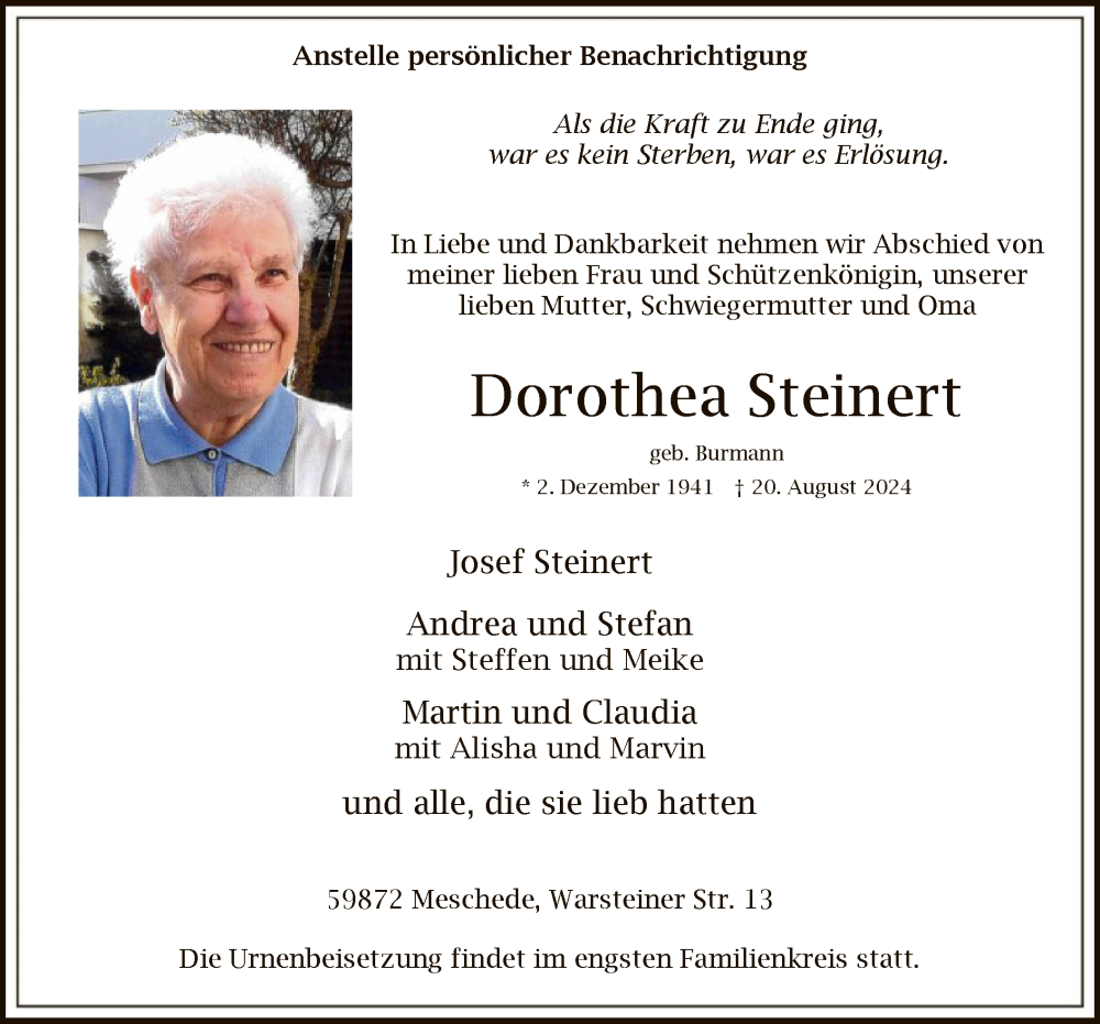  Traueranzeige für Dorothea Steinert vom 31.08.2024 aus WA