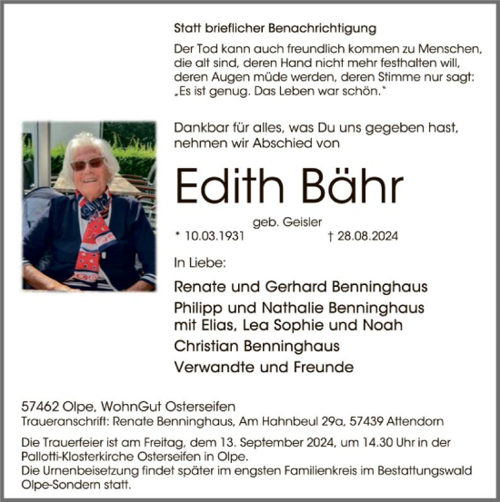 Traueranzeige von Edith Bähr von WA