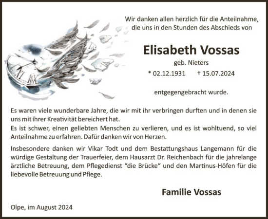 Traueranzeige von Elisabeth Vossas von WA