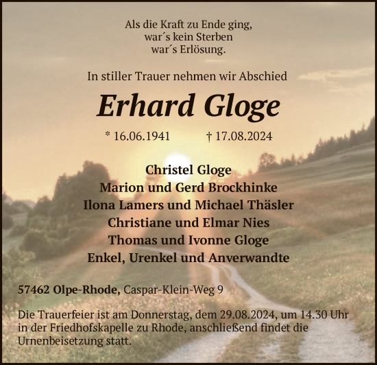 Traueranzeige von Erhard Gloge von WA