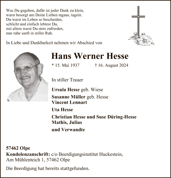 Traueranzeige von Hans Werner Hesse von WA