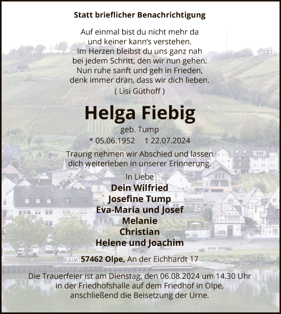 Traueranzeige von Helga Fiebig von WA