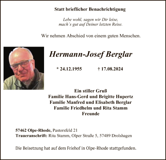 Traueranzeige von Hermann-Josef Berglar von WA