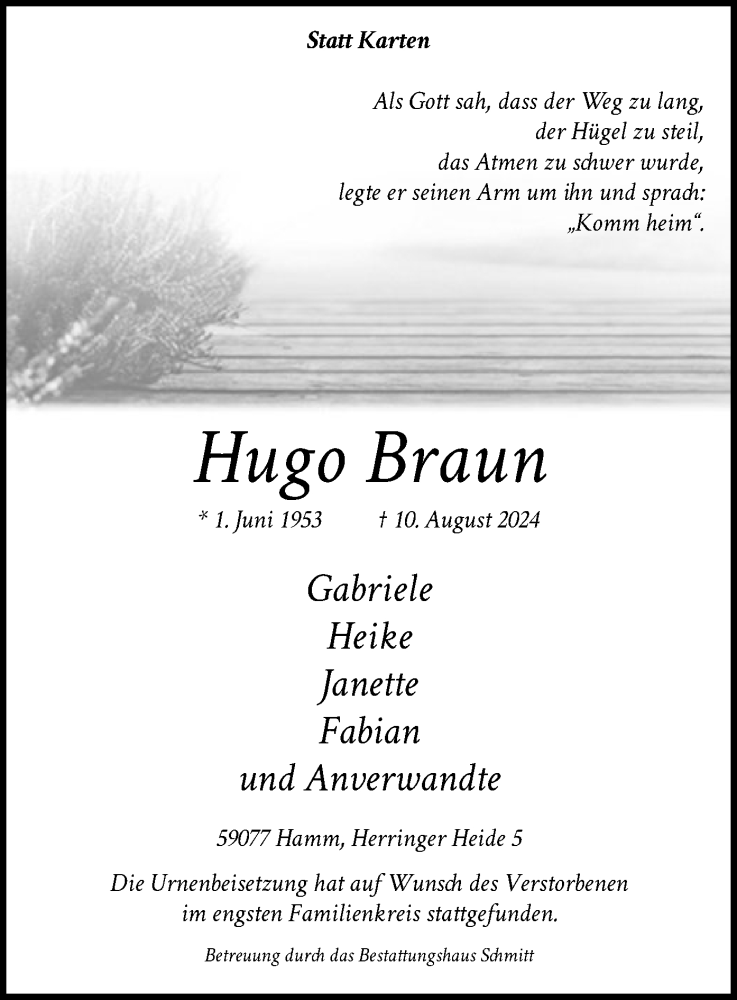  Traueranzeige für Hugo Braun vom 24.08.2024 aus WA