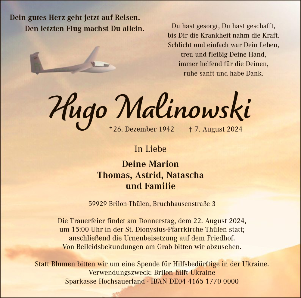  Traueranzeige für Hugo Malinowski vom 17.08.2024 aus WA