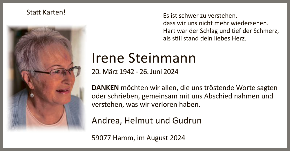  Traueranzeige für Irene Steinmann vom 10.08.2024 aus WA