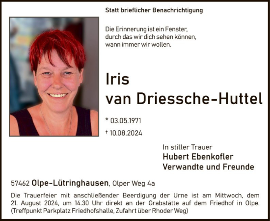 Traueranzeige von Iris van Driessche-Huttel von WA