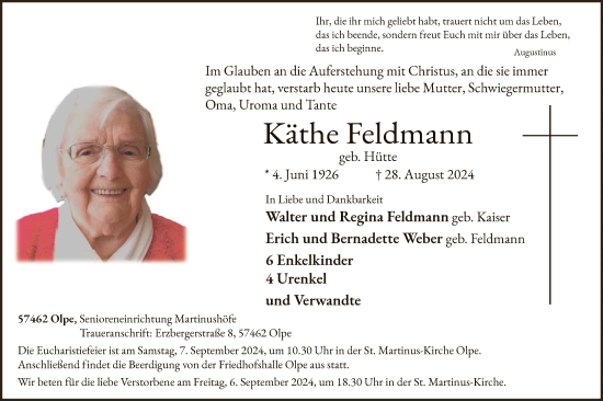 Traueranzeige von Käthe Feldmann von WA