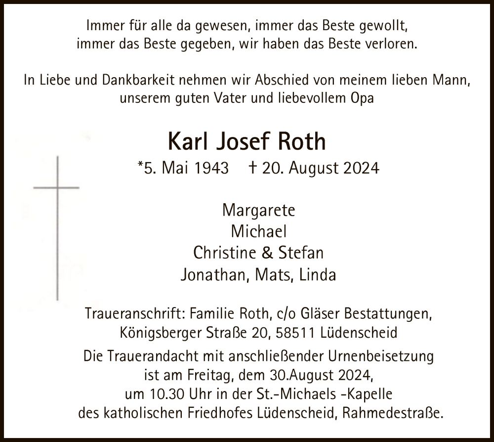  Traueranzeige für Karl Josef Roth vom 24.08.2024 aus WA