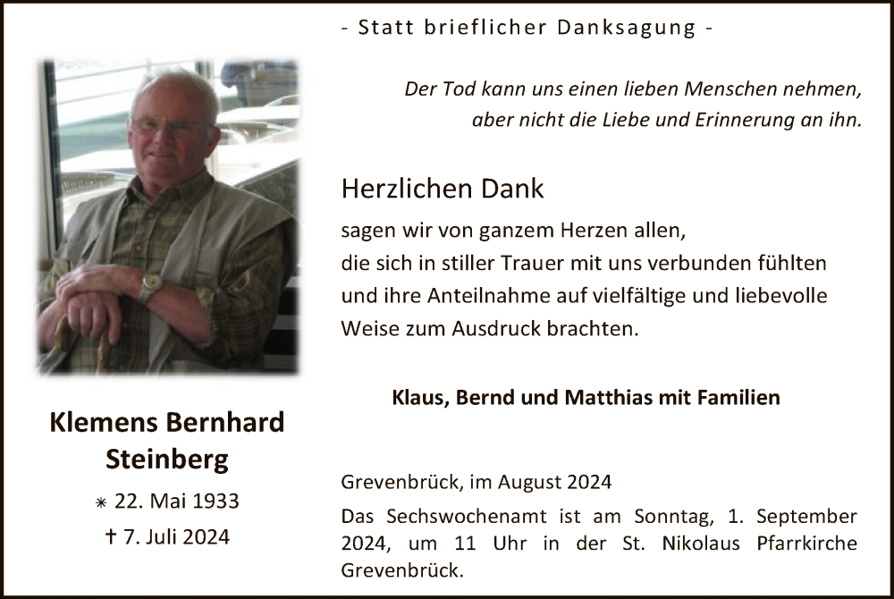  Traueranzeige für Klemens Bernhard Steinberg vom 24.08.2024 aus WA
