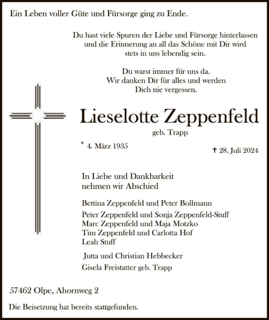 Traueranzeige von Lieselotte Zeppenfeld von WA