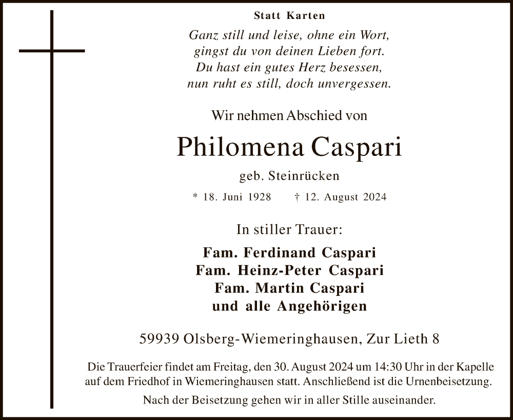  Traueranzeige für Philomena Caspari vom 24.08.2024 aus WA