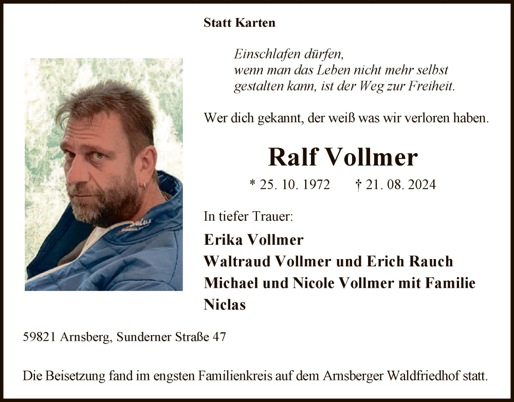  Traueranzeige für Ralf Vollmer vom 31.08.2024 aus WA