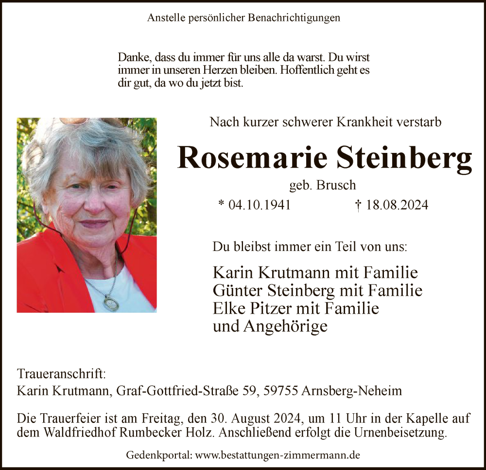  Traueranzeige für Rosemarie Steinberg vom 24.08.2024 aus WA