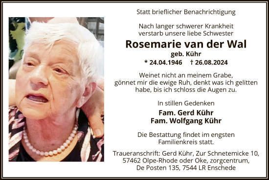 Traueranzeige von Rosemarie van der Wal von WA