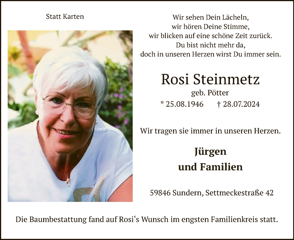  Traueranzeige für Rosi Steinmetz vom 03.08.2024 aus WA