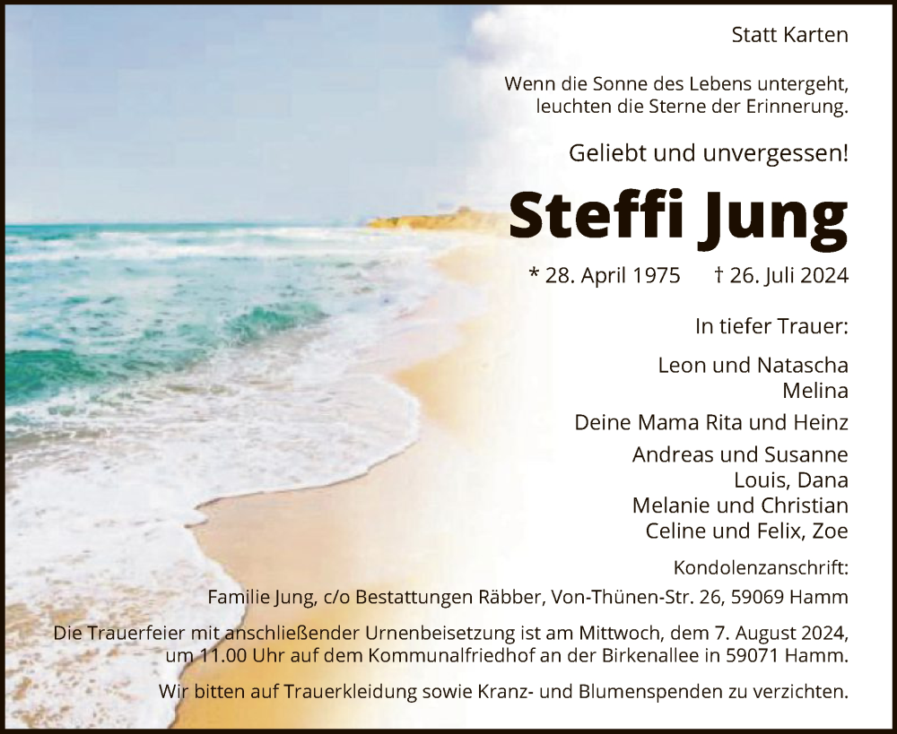  Traueranzeige für Steffi Jung vom 03.08.2024 aus WA