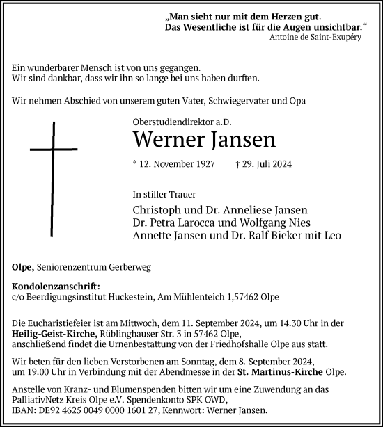 Traueranzeige von Werner Jansen von WA