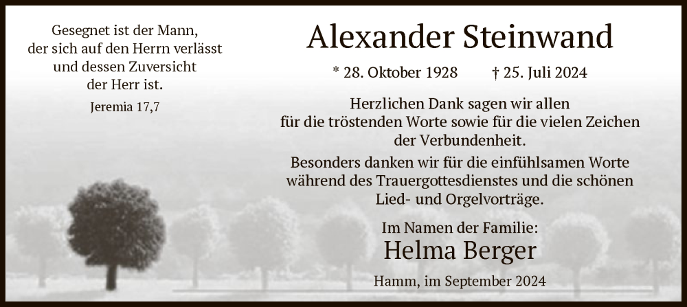  Traueranzeige für Alexander Steinwand vom 07.09.2024 aus WA
