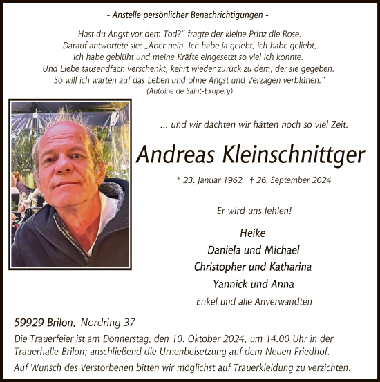 Traueranzeige von Andreas Kleinschnittger von WA