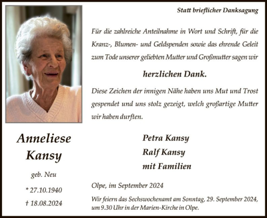 Traueranzeige von Anneliese Kansy von WA