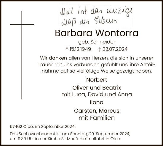 Traueranzeige von Barbara Wontorra von WA