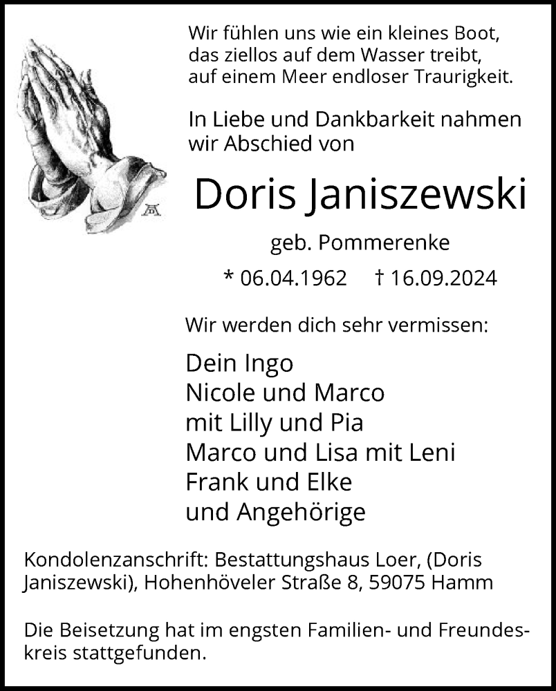  Traueranzeige für Doris Janiszewski vom 28.09.2024 aus WA