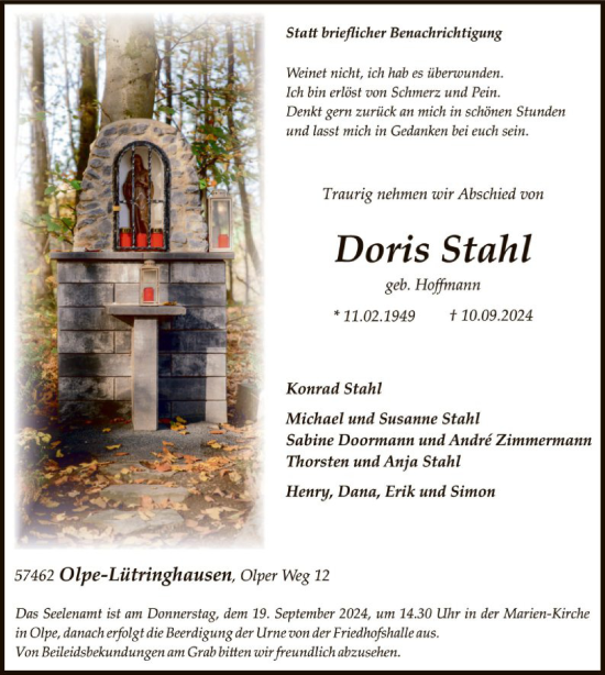 Traueranzeige von Doris Stahl von WA