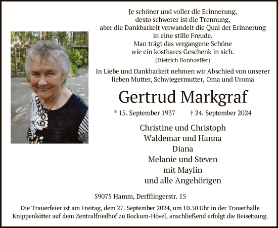 Traueranzeige von Gertrud Markgraf von WA