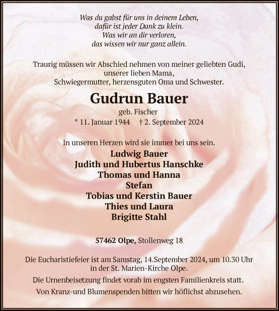 Traueranzeige von Gudrun Bauer von WA