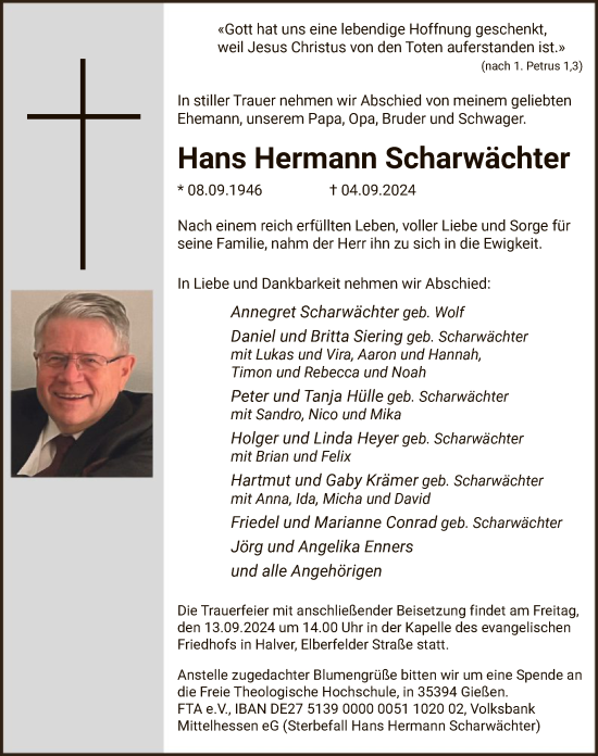 Traueranzeige von Hans Hermann Scharwächter von WA