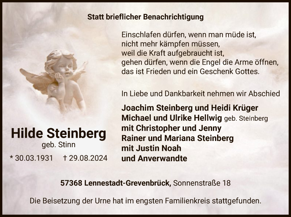  Traueranzeige für Hilde Steinberg vom 21.09.2024 aus WA