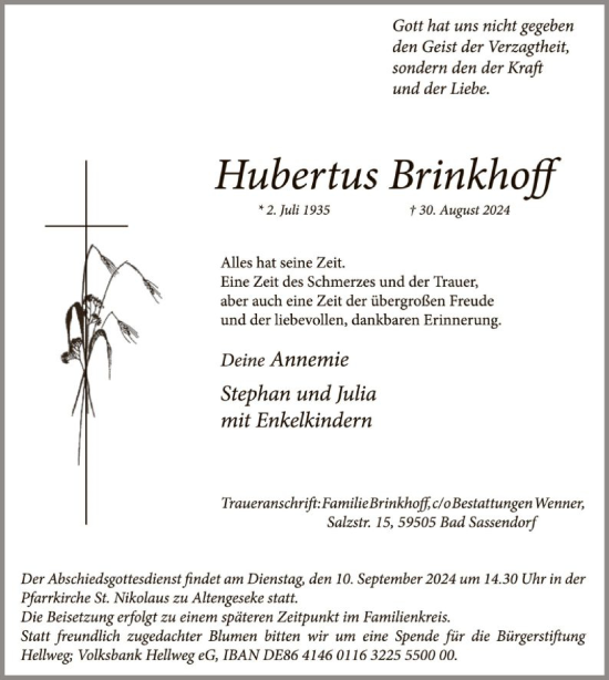 Traueranzeige von Hubertus Brinkhoff von WA