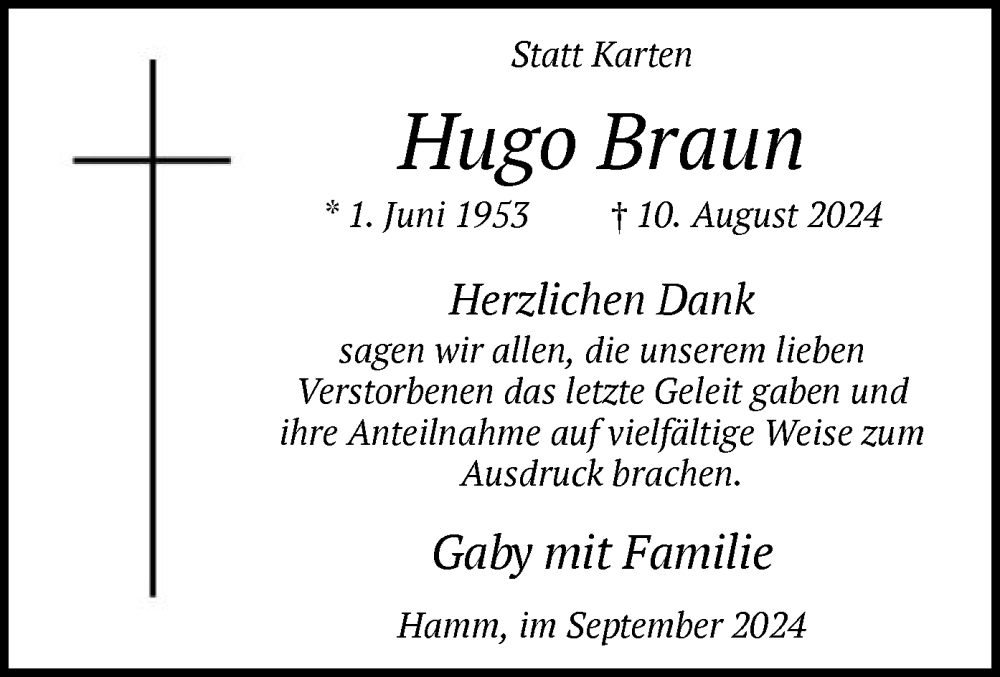  Traueranzeige für Hugo Braun vom 14.09.2024 aus WA