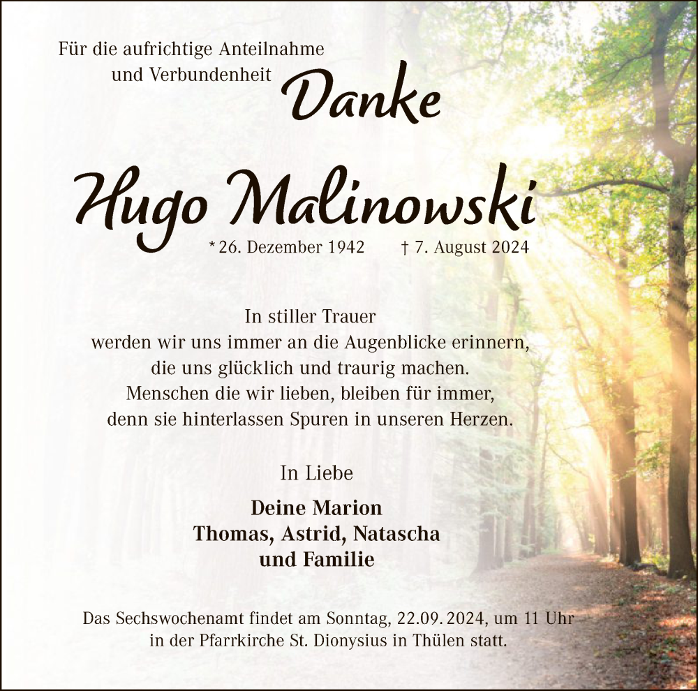  Traueranzeige für Hugo Malinowski vom 14.09.2024 aus WA