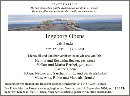 Traueranzeige von Ingeborg Obens von WAWA