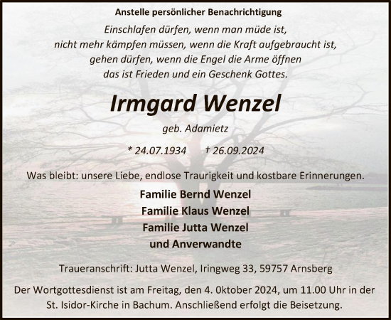 Traueranzeige von Irmgard Wenzel von WA