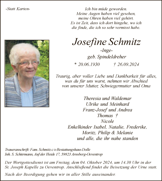 Traueranzeige von Josefine Schmitz von WA