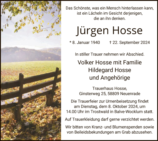 Traueranzeige von Jürgen Hosse von WA