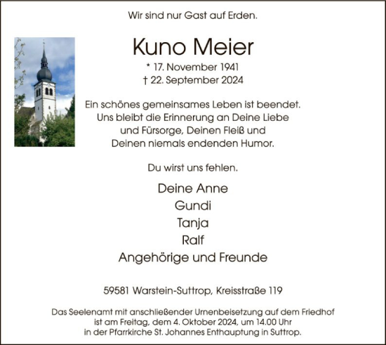 Traueranzeige von Kuno Meier von WA