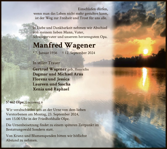 Traueranzeige von Manfred Wagener von WA