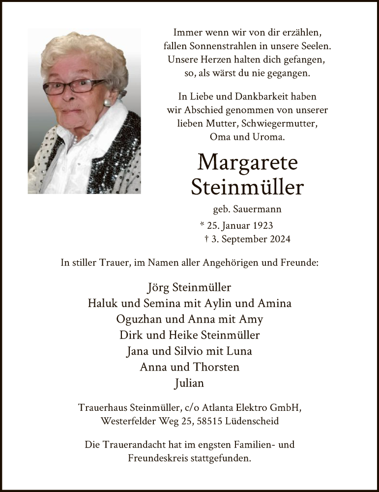  Traueranzeige für Margarete Steinmüller vom 14.09.2024 aus WA
